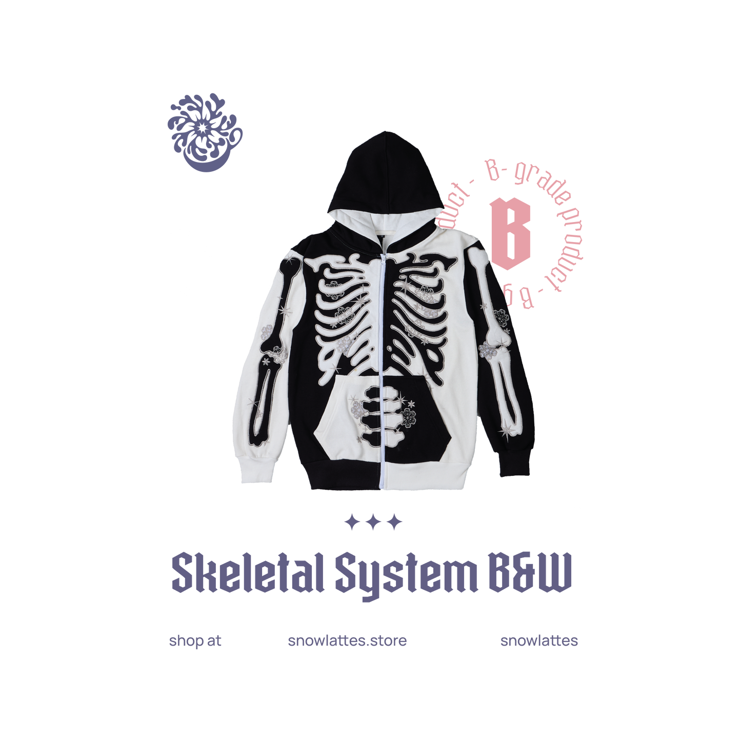 (B-Grade and C-Grade) Skeletal System Hooded Jacket - B&W